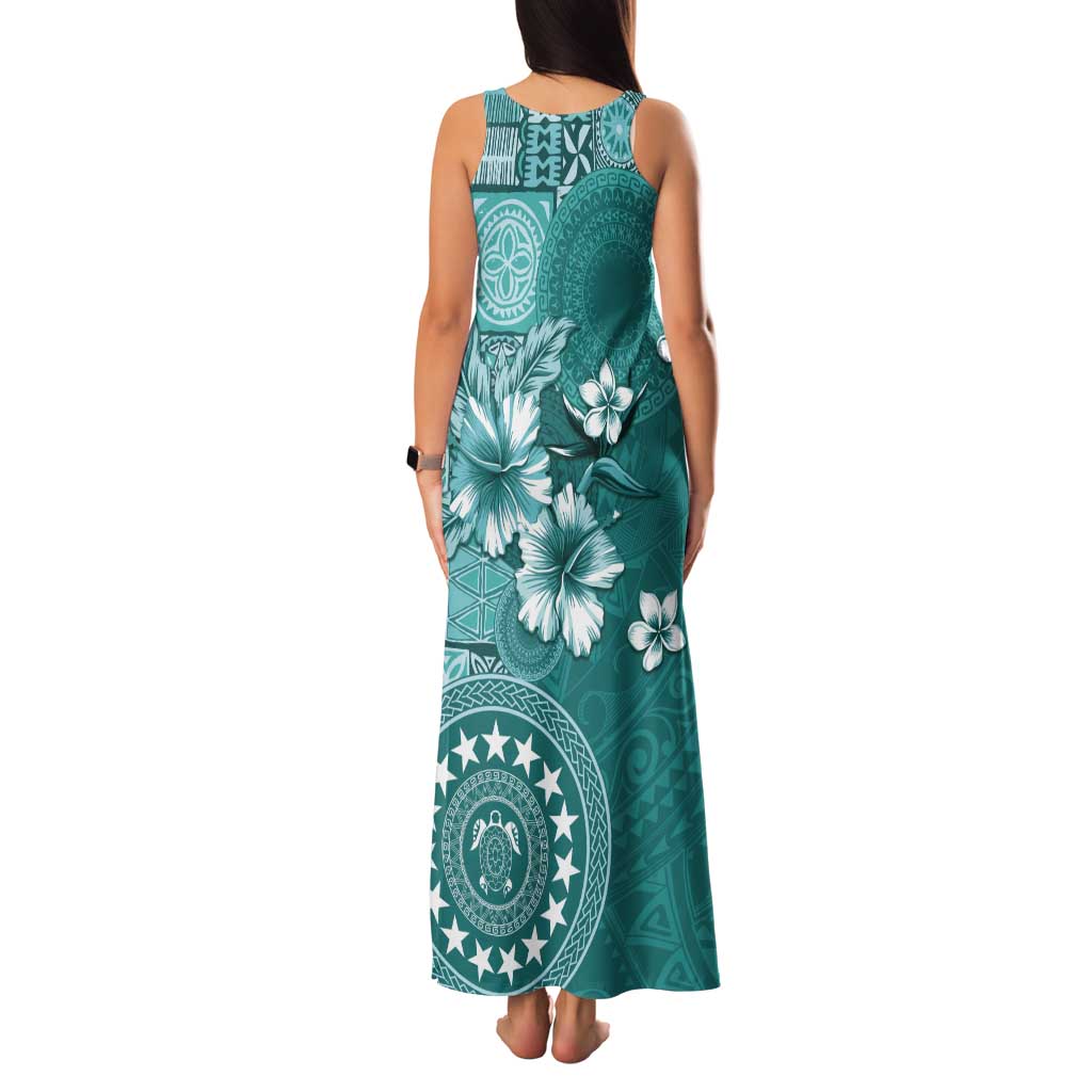 Cook Islands Tank Maxi Dress Teal Hibiscus And Stars
