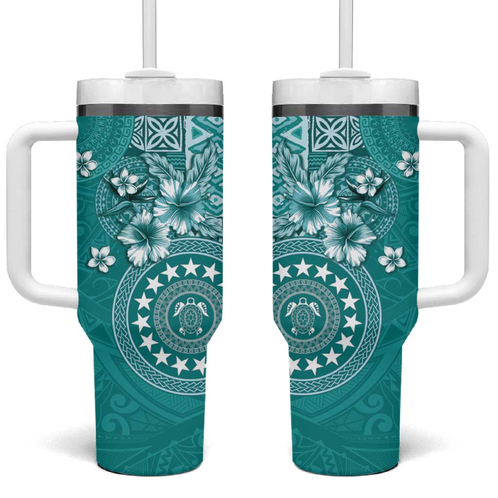 Cook Islands Tumbler With Handle Teal Hibiscus And Stars