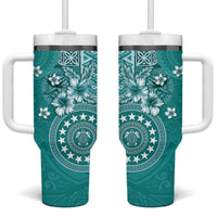 Cook Islands Tumbler With Handle Teal Hibiscus And Stars