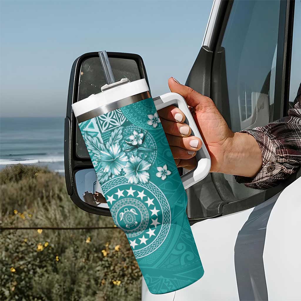 Cook Islands Tumbler With Handle Teal Hibiscus And Stars