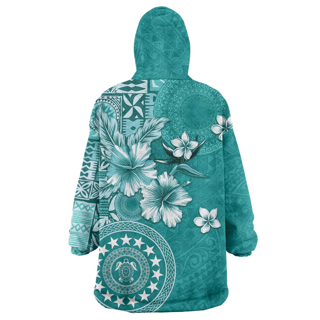 Cook Islands Wearable Blanket Hoodie Teal Hibiscus And Stars