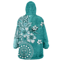Cook Islands Wearable Blanket Hoodie Teal Hibiscus And Stars