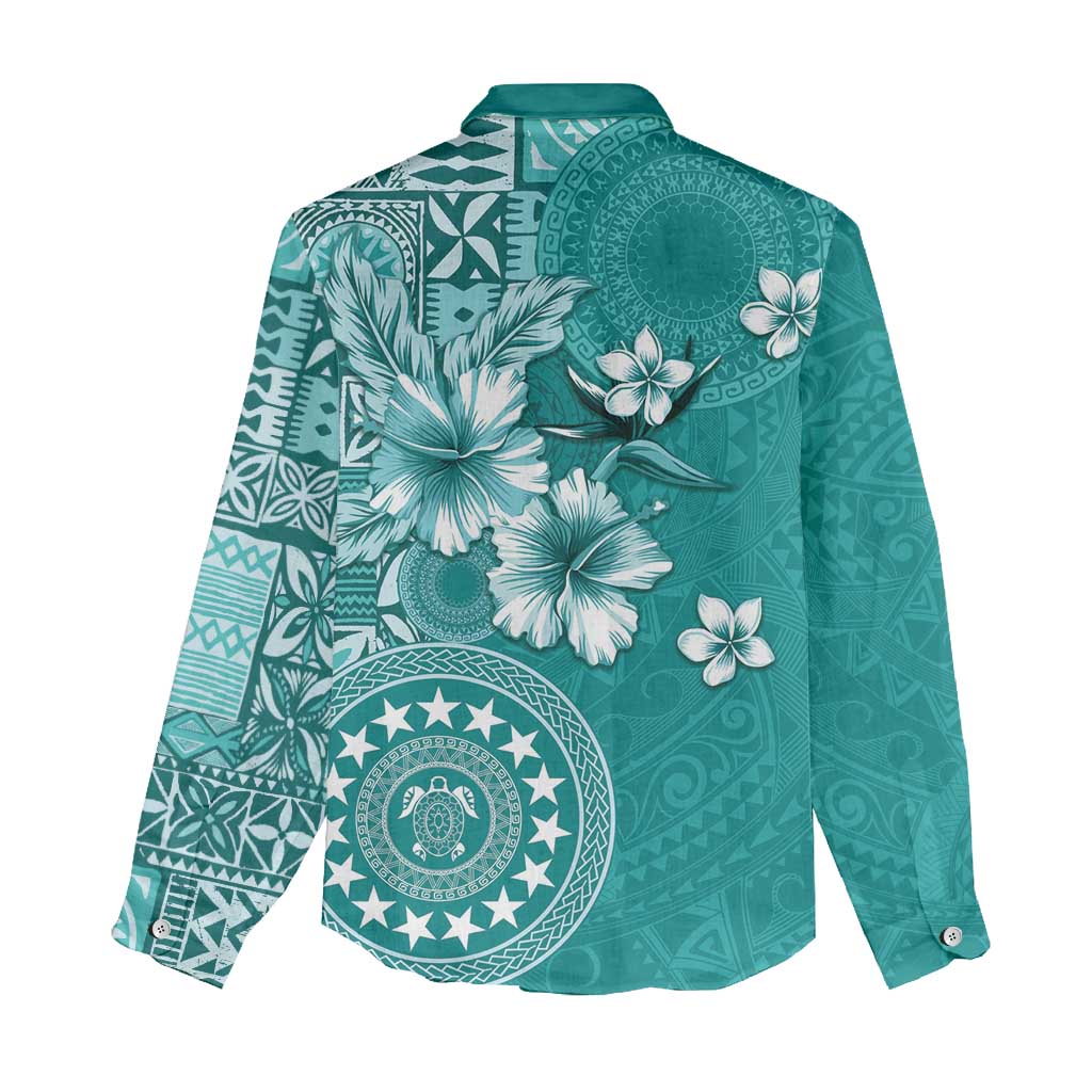 Cook Islands Women Casual Shirt Teal Hibiscus And Stars