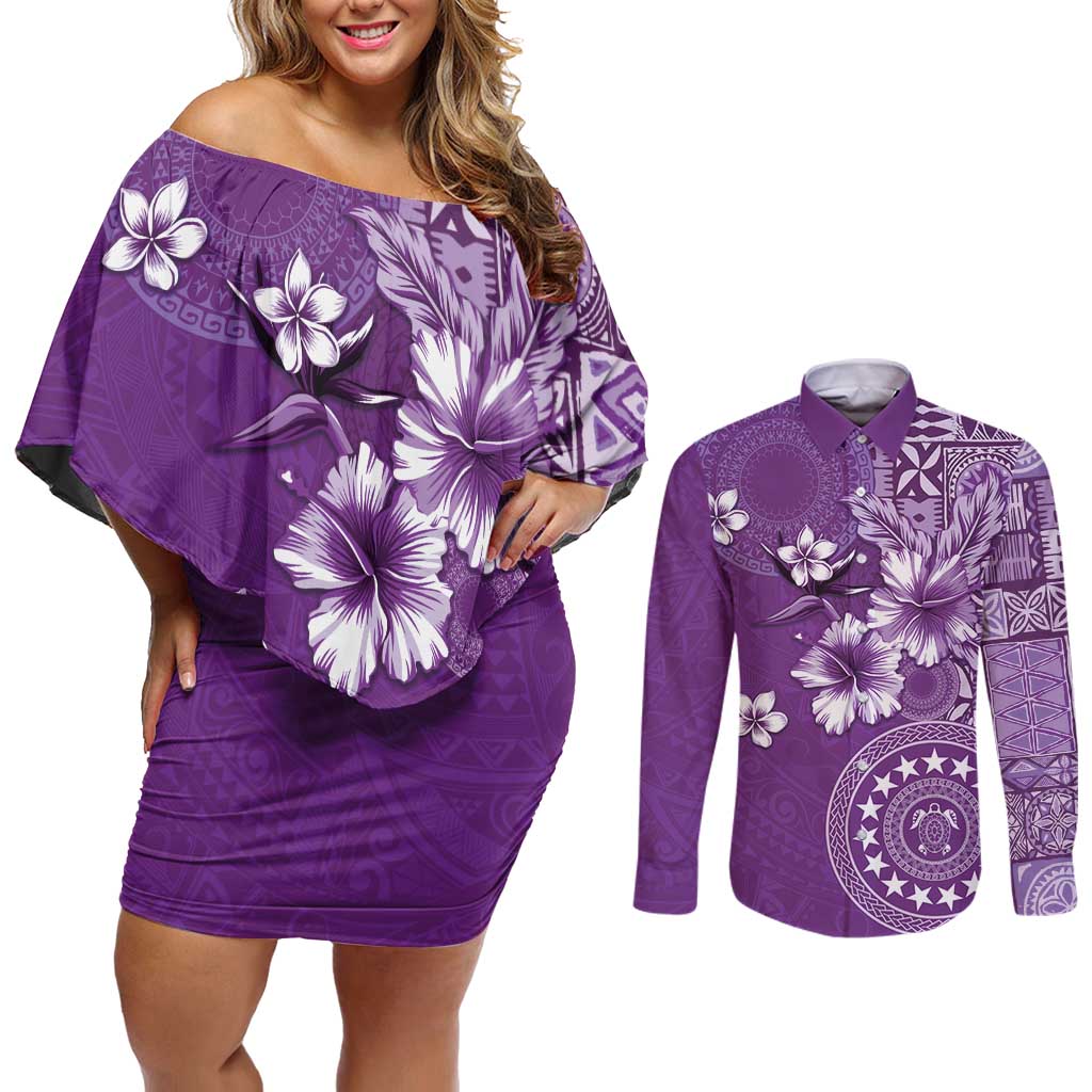 Cook Islands Couples Matching Off Shoulder Short Dress and Long Sleeve Button Shirt Purple Hibiscus And Stars LT05 Purple - Polynesian Pride