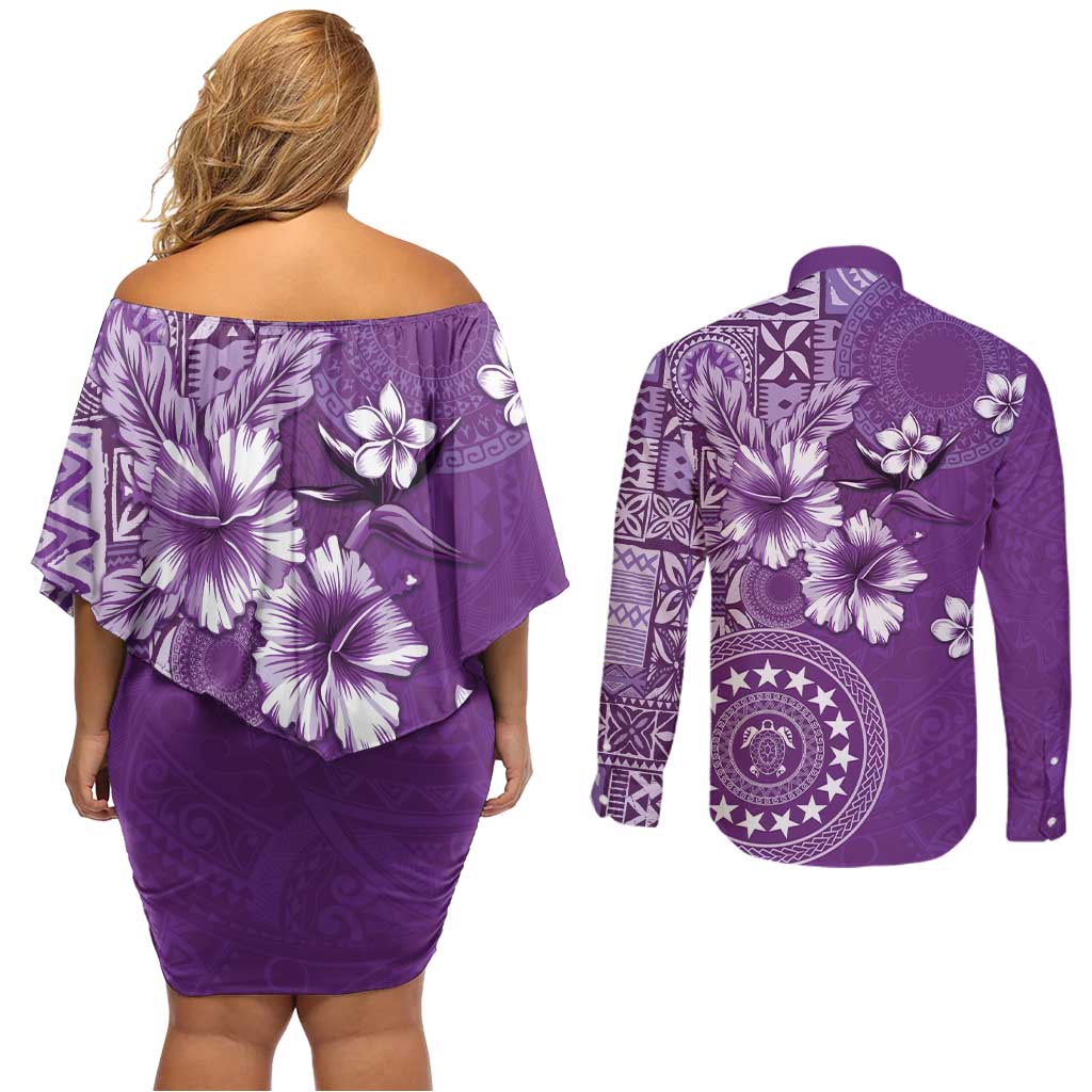 Cook Islands Couples Matching Off Shoulder Short Dress and Long Sleeve Button Shirt Purple Hibiscus And Stars LT05 - Polynesian Pride
