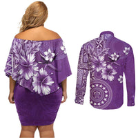 Cook Islands Couples Matching Off Shoulder Short Dress and Long Sleeve Button Shirt Purple Hibiscus And Stars LT05 - Polynesian Pride