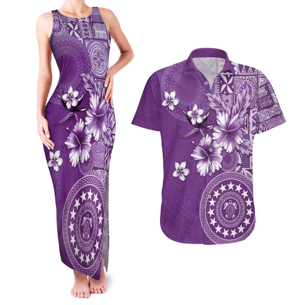 Cook Islands Couples Matching Tank Maxi Dress and Hawaiian Shirt Purple Hibiscus And Stars