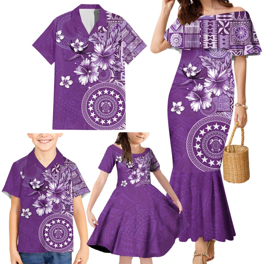 Cook Islands Family Matching Mermaid Dress and Hawaiian Shirt Purple Hibiscus And Stars