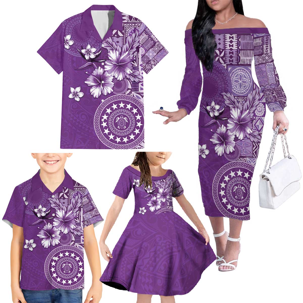 Cook Islands Family Matching Off The Shoulder Long Sleeve Dress and Hawaiian Shirt Purple Hibiscus And Stars