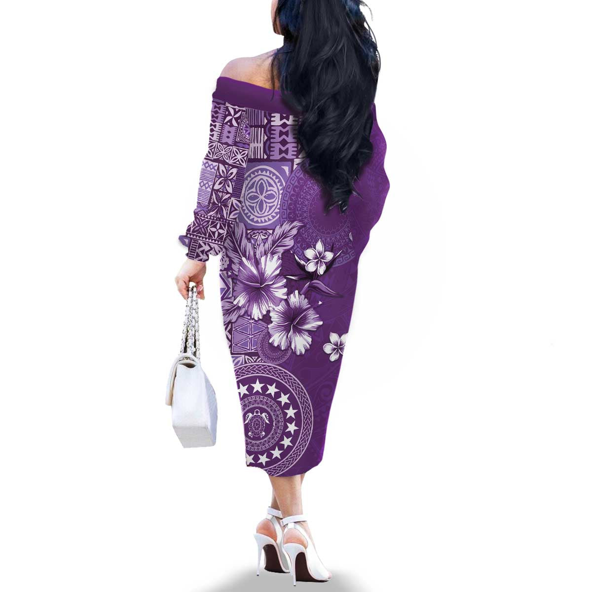 Cook Islands Family Matching Off The Shoulder Long Sleeve Dress and Hawaiian Shirt Purple Hibiscus And Stars