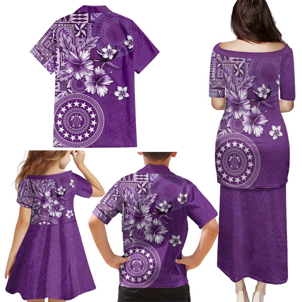 Cook Islands Family Matching Puletasi and Hawaiian Shirt Purple Hibiscus And Stars