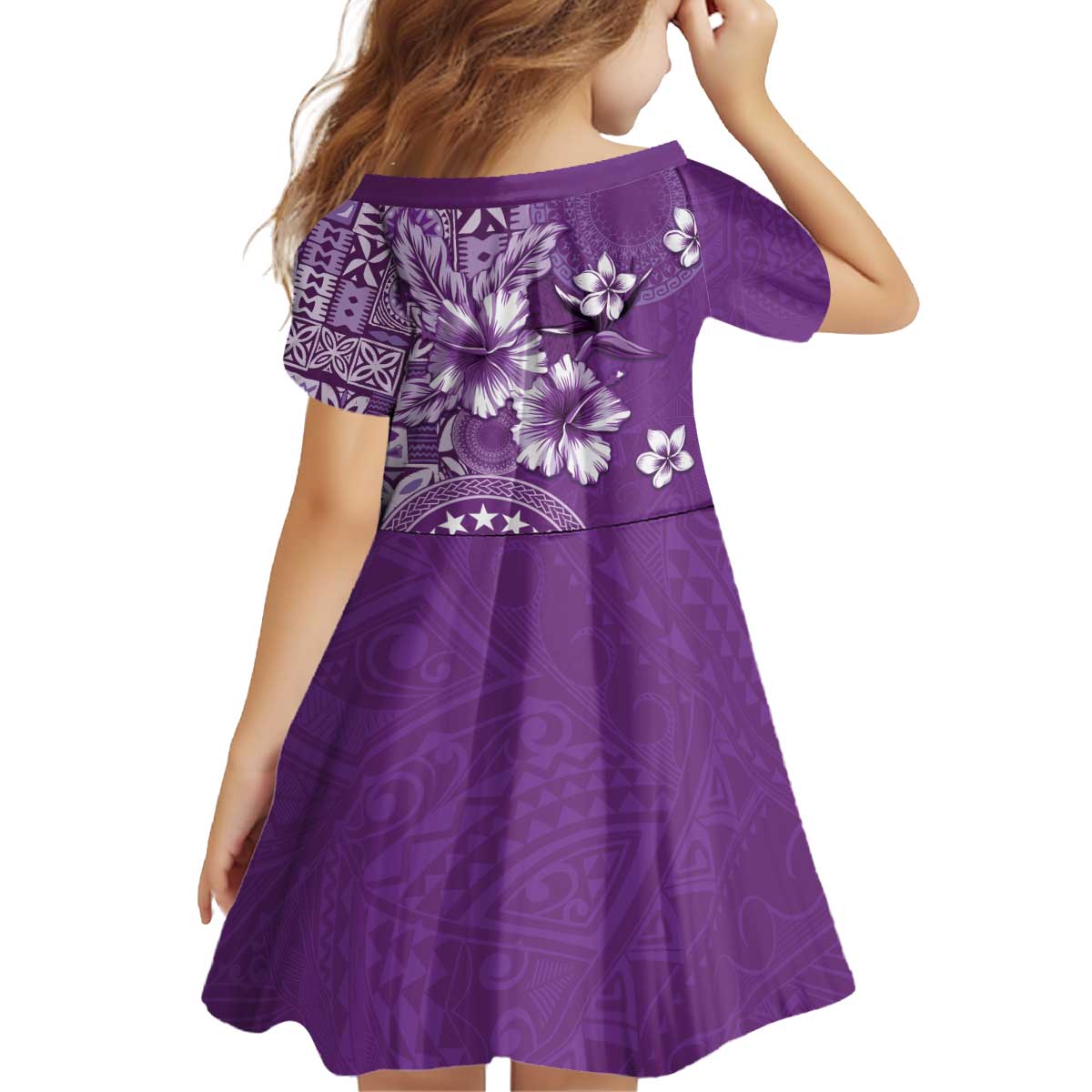Cook Islands Kid Short Sleeve Dress Purple Hibiscus And Stars