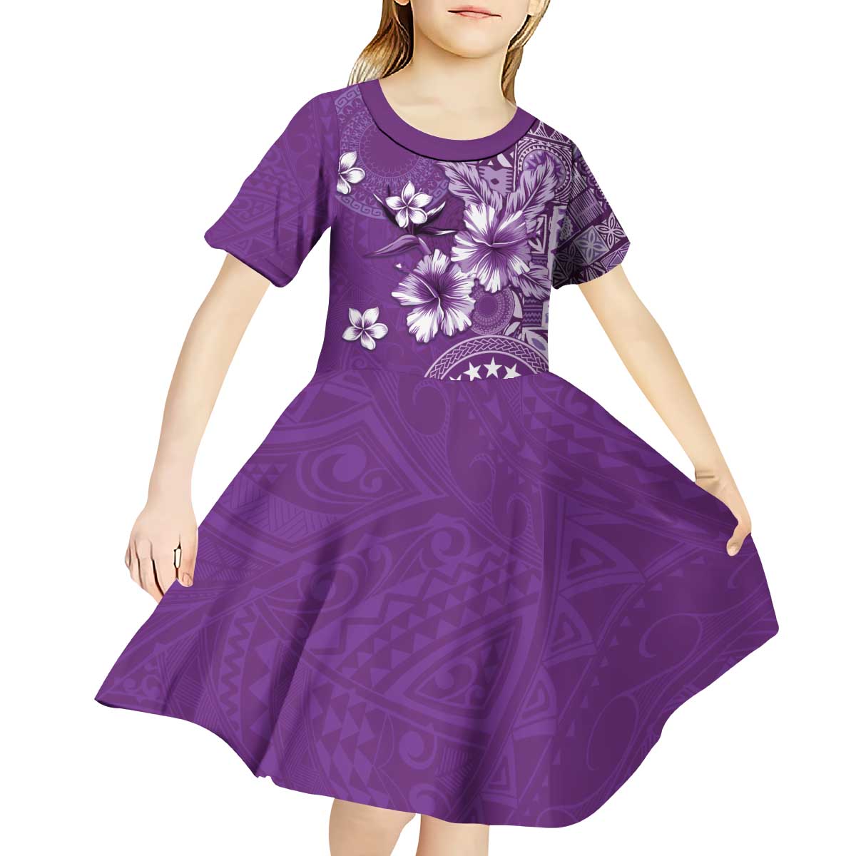 Cook Islands Kid Short Sleeve Dress Purple Hibiscus And Stars