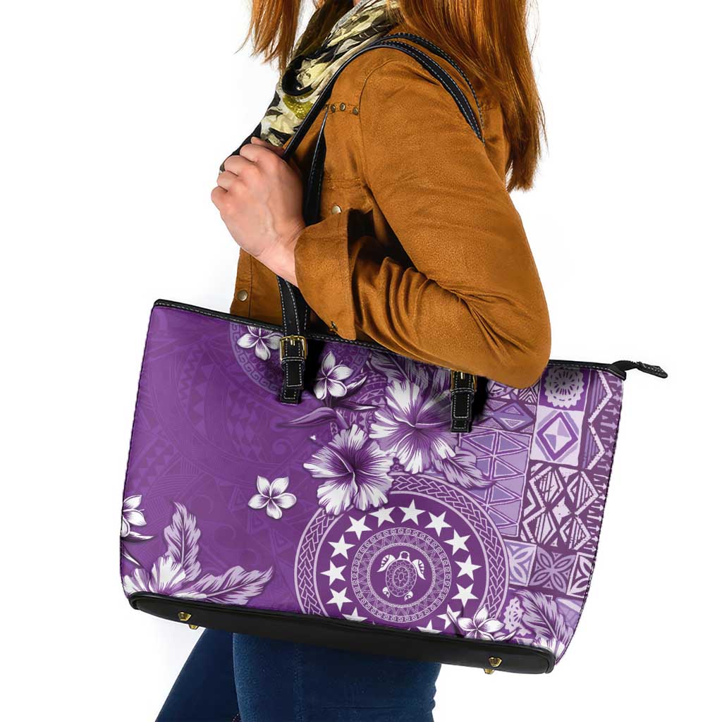 Cook Islands Leather Tote Bag Purple Hibiscus And Stars