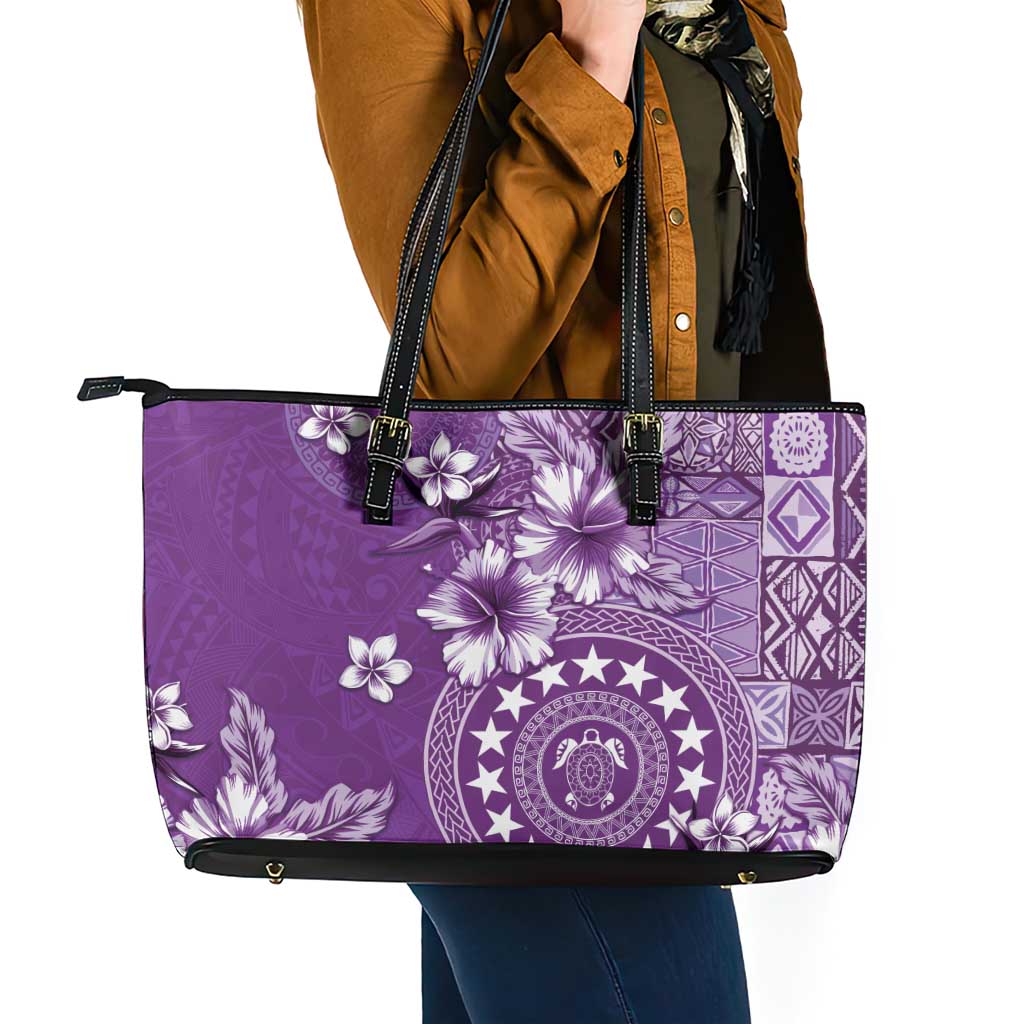 Cook Islands Leather Tote Bag Purple Hibiscus And Stars