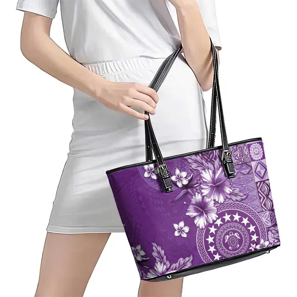 Cook Islands Leather Tote Bag Purple Hibiscus And Stars