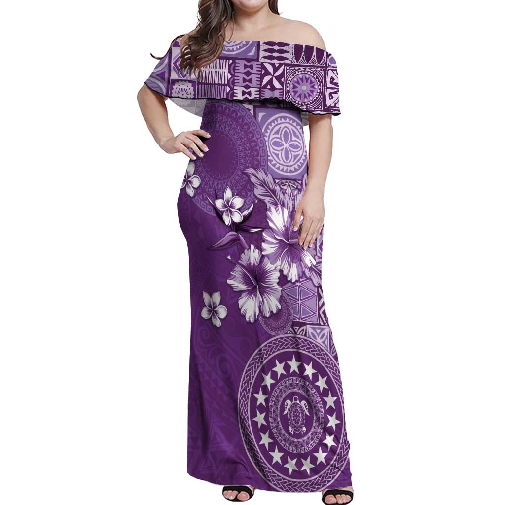 Cook Islands Off Shoulder Maxi Dress Purple Hibiscus And Stars