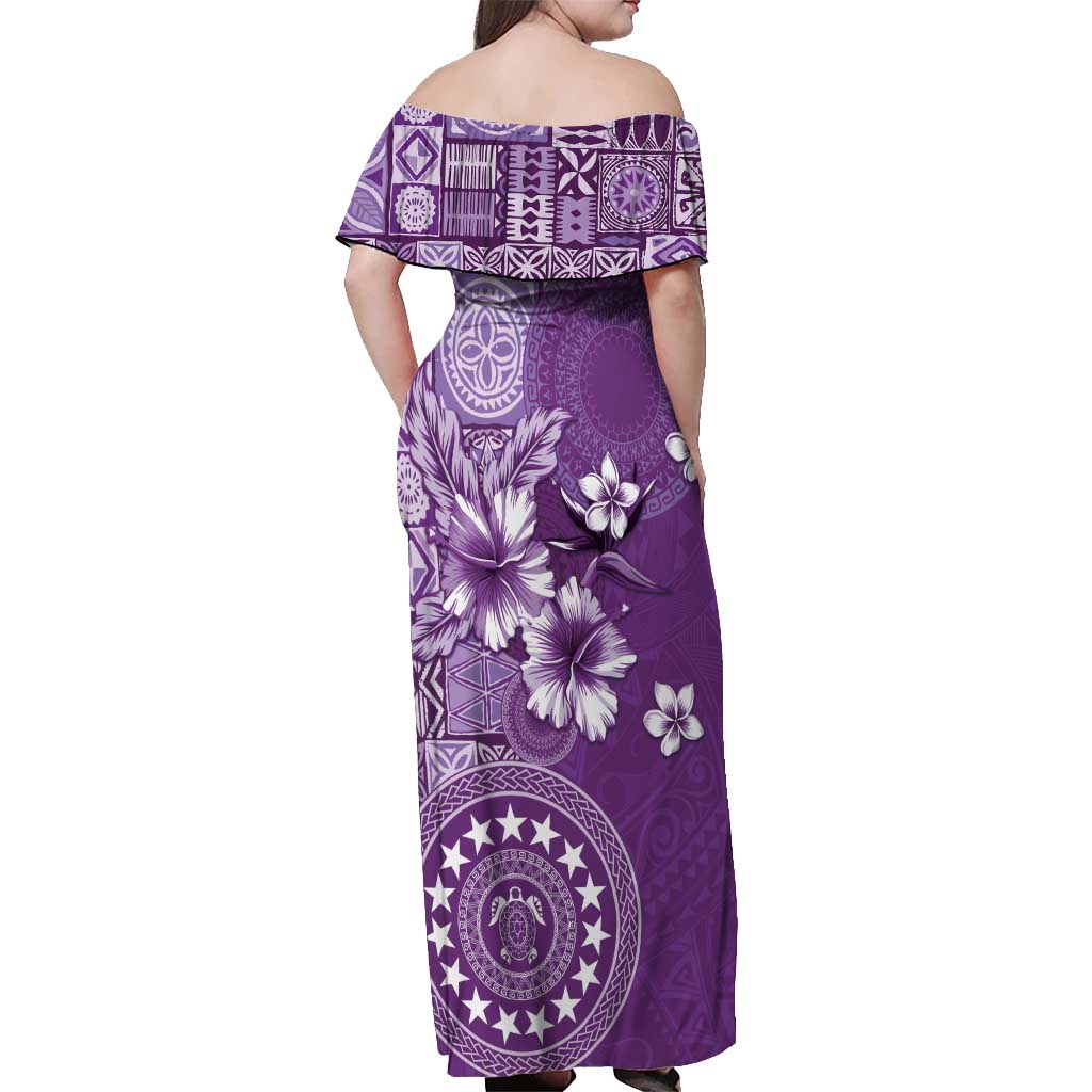 Cook Islands Off Shoulder Maxi Dress Purple Hibiscus And Stars