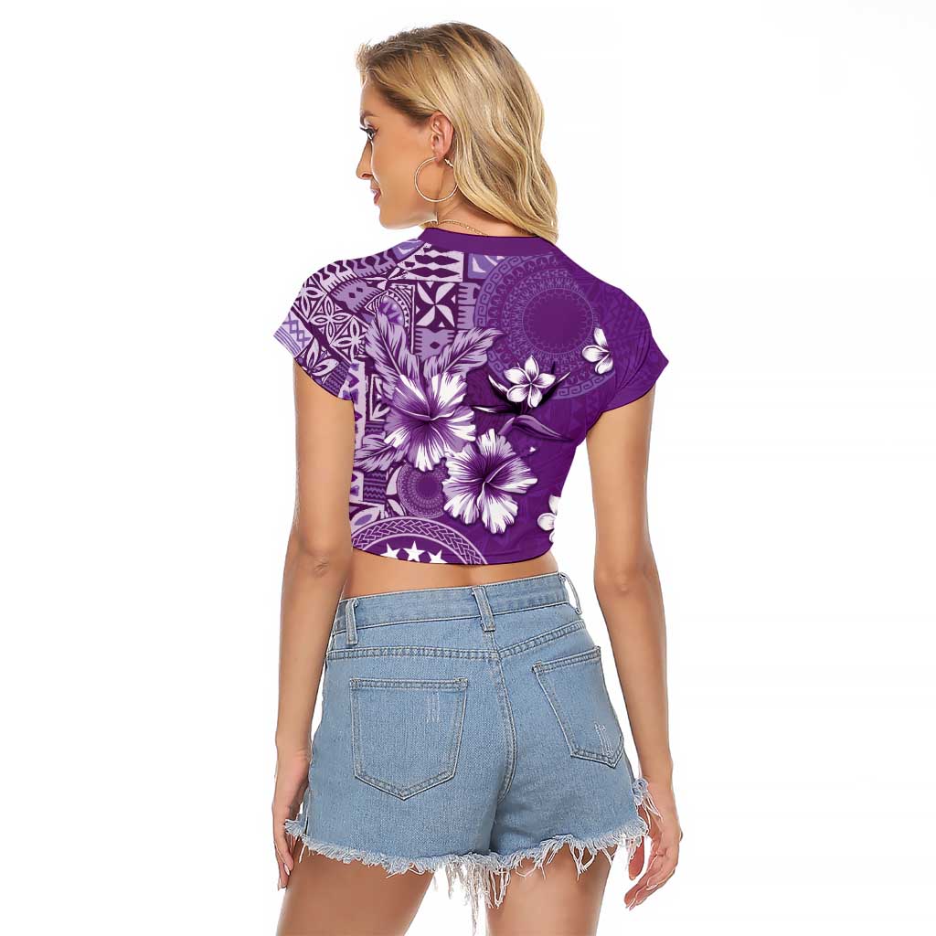 Cook Islands Raglan Cropped T Shirt Purple Hibiscus And Stars LT05 - Polynesian Pride