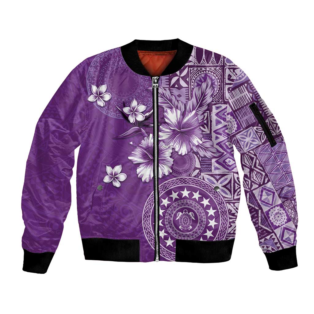 Cook Islands Sleeve Zip Bomber Jacket Purple Hibiscus And Stars