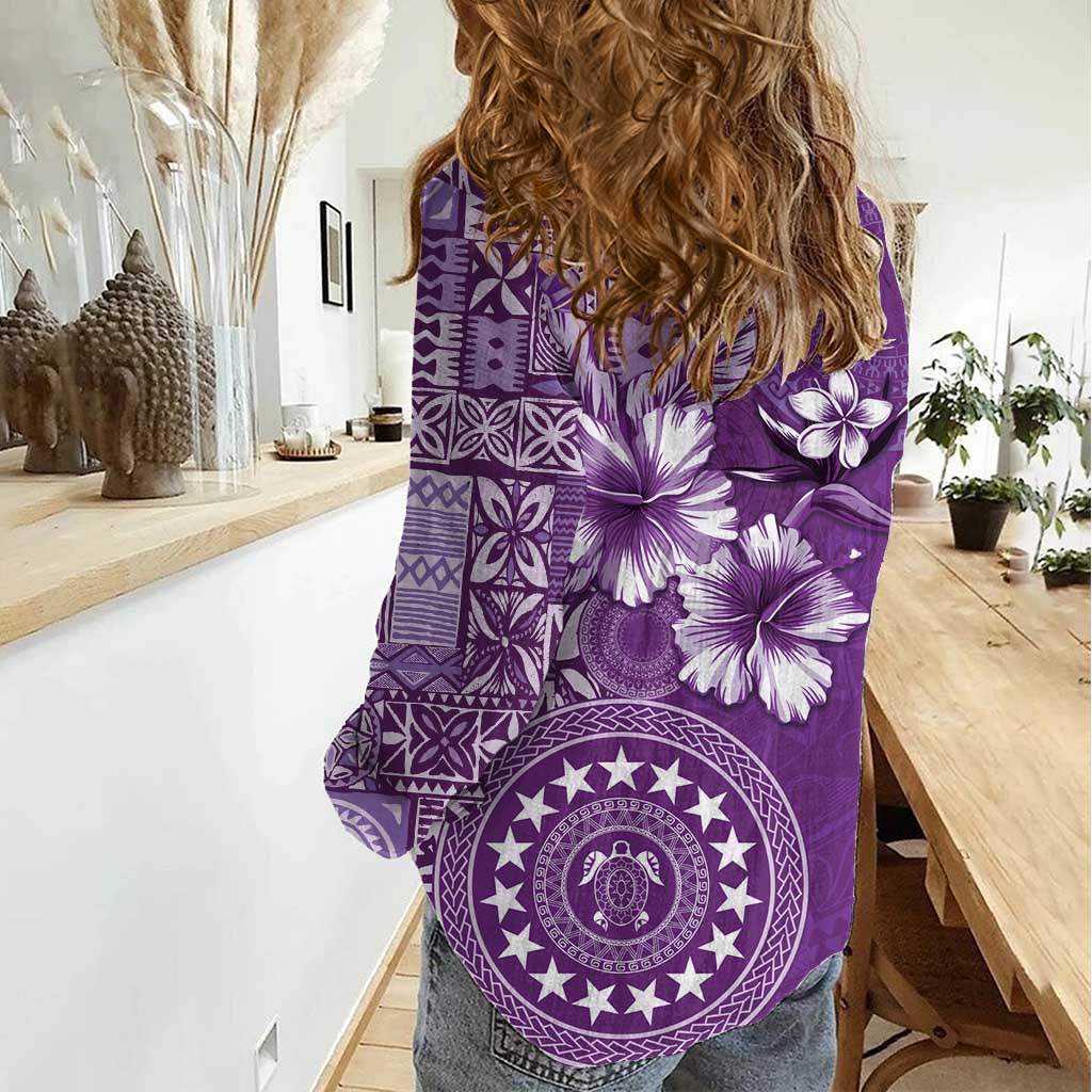 Cook Islands Women Casual Shirt Purple Hibiscus And Stars