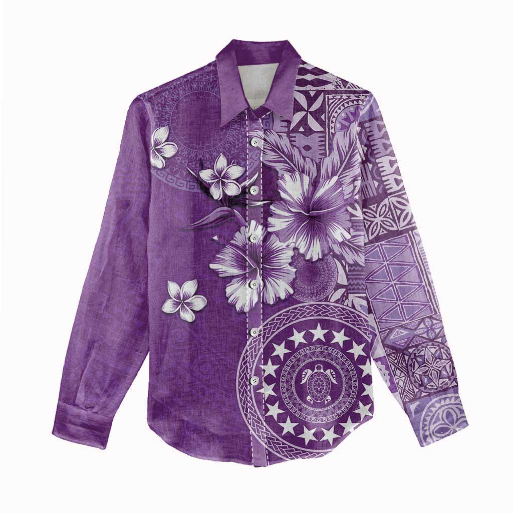 Cook Islands Women Casual Shirt Purple Hibiscus And Stars