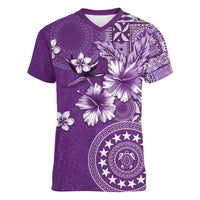 Cook Islands Women V-Neck T-Shirt Purple Hibiscus And Stars LT05 Female Purple - Polynesian Pride
