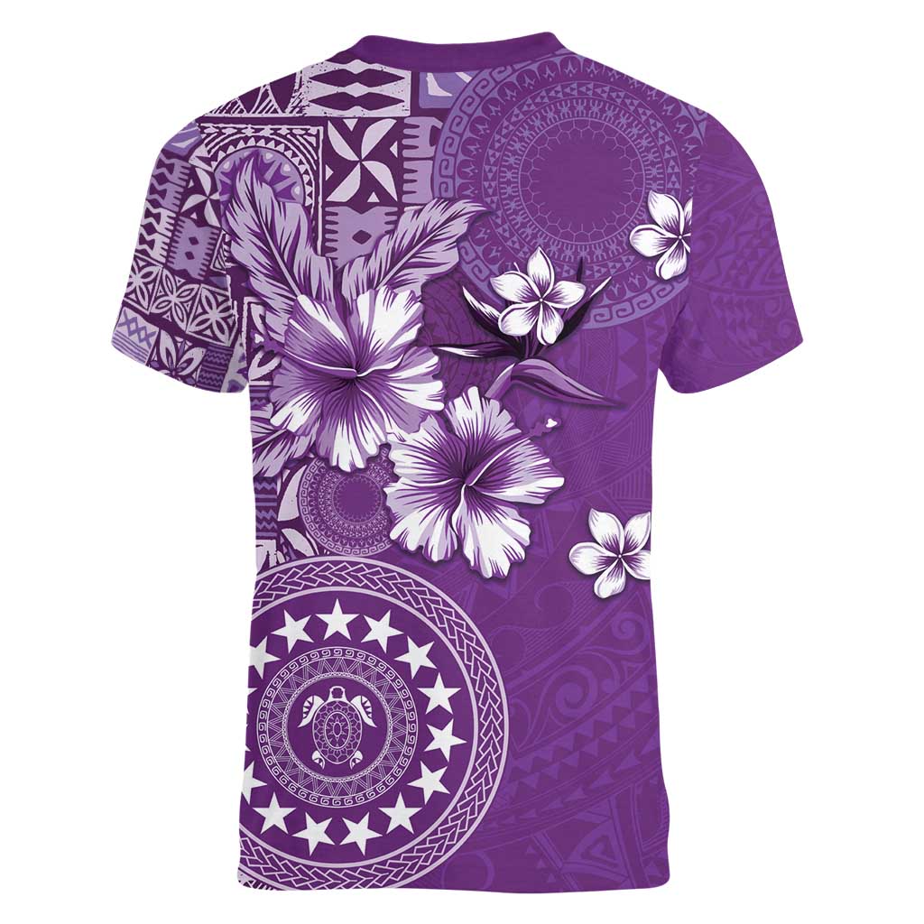 Cook Islands Women V-Neck T-Shirt Purple Hibiscus And Stars LT05 - Polynesian Pride