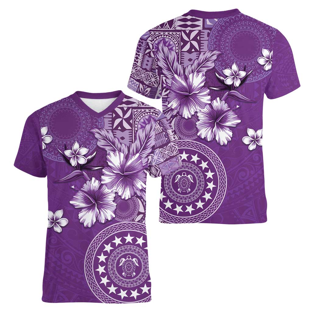 Cook Islands Women V-Neck T-Shirt Purple Hibiscus And Stars LT05 - Polynesian Pride