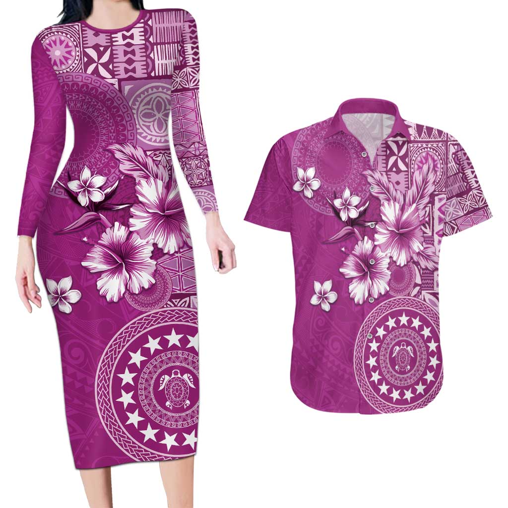 Cook Islands Couples Matching Long Sleeve Bodycon Dress and Hawaiian Shirt Fandango Hibiscus And Stars