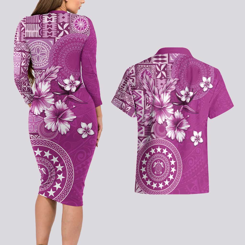 Cook Islands Couples Matching Long Sleeve Bodycon Dress and Hawaiian Shirt Fandango Hibiscus And Stars