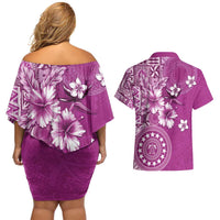 Cook Islands Couples Matching Off Shoulder Short Dress and Hawaiian Shirt Fandango Hibiscus And Stars