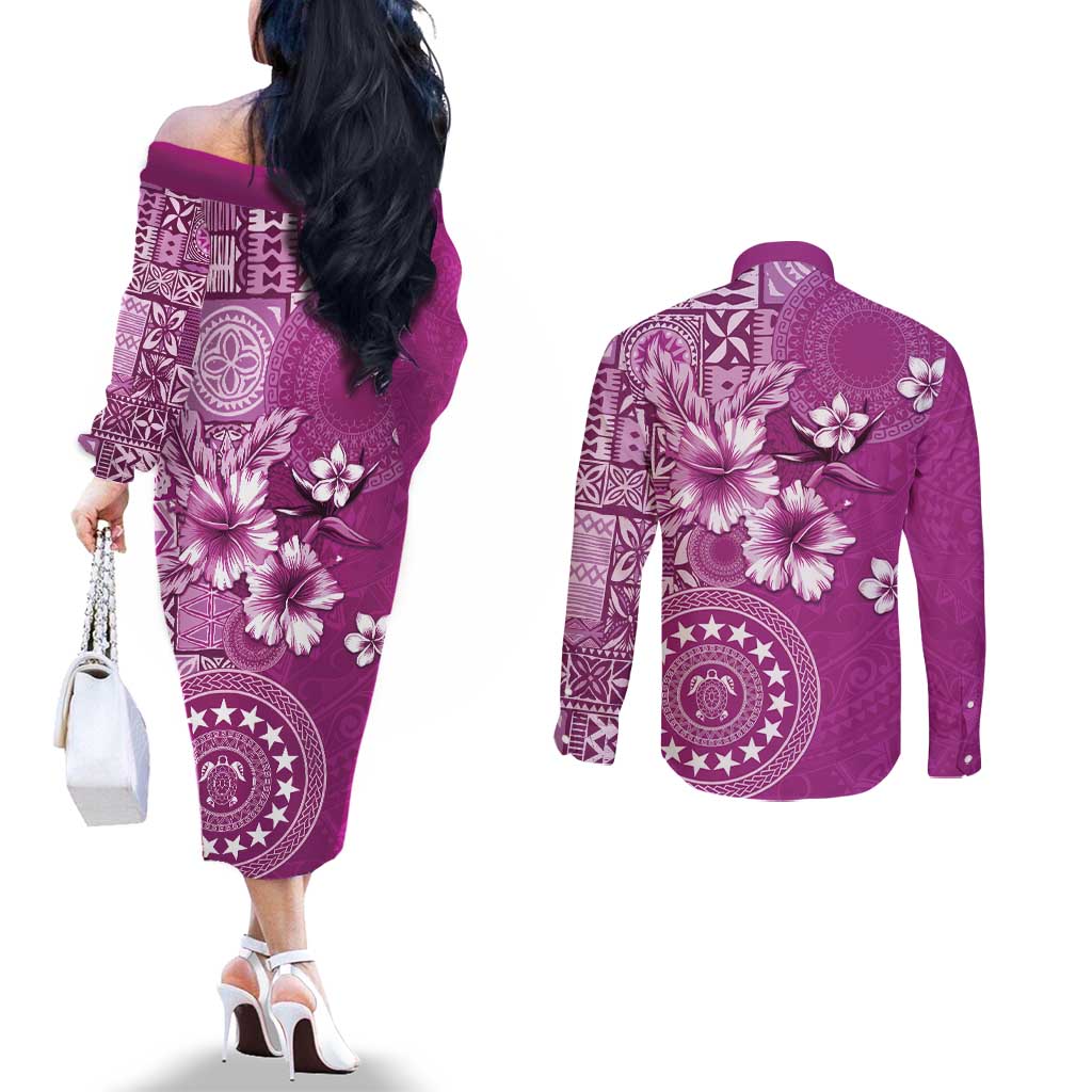 Cook Islands Couples Matching Off The Shoulder Long Sleeve Dress and Long Sleeve Button Shirt Fandango Hibiscus And Stars