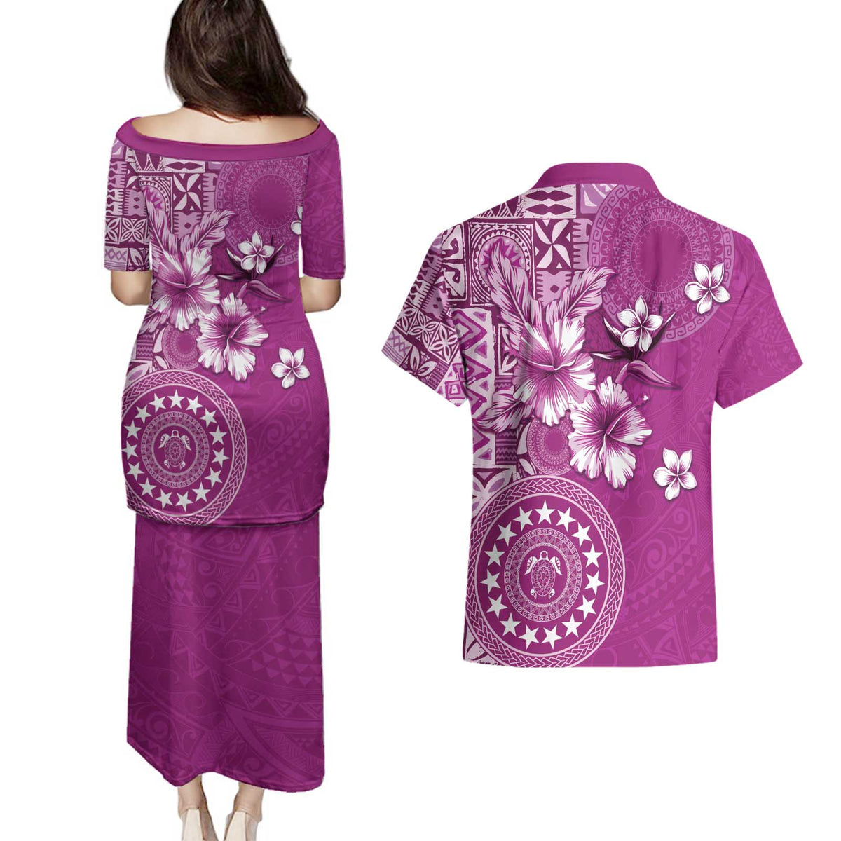 Cook Islands Couples Matching Puletasi and Hawaiian Shirt Fandango Hibiscus And Stars