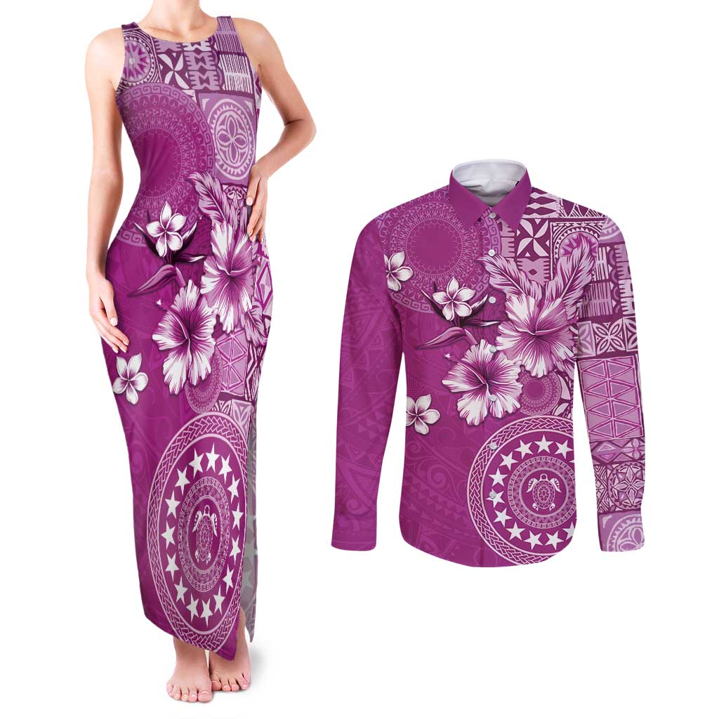 Cook Islands Couples Matching Tank Maxi Dress and Long Sleeve Button Shirt Fandango Hibiscus And Stars