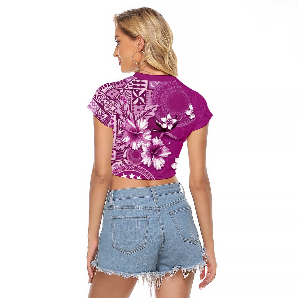 Cook Islands Raglan Cropped T Shirt Fandango Hibiscus And Stars LT05 - Polynesian Pride