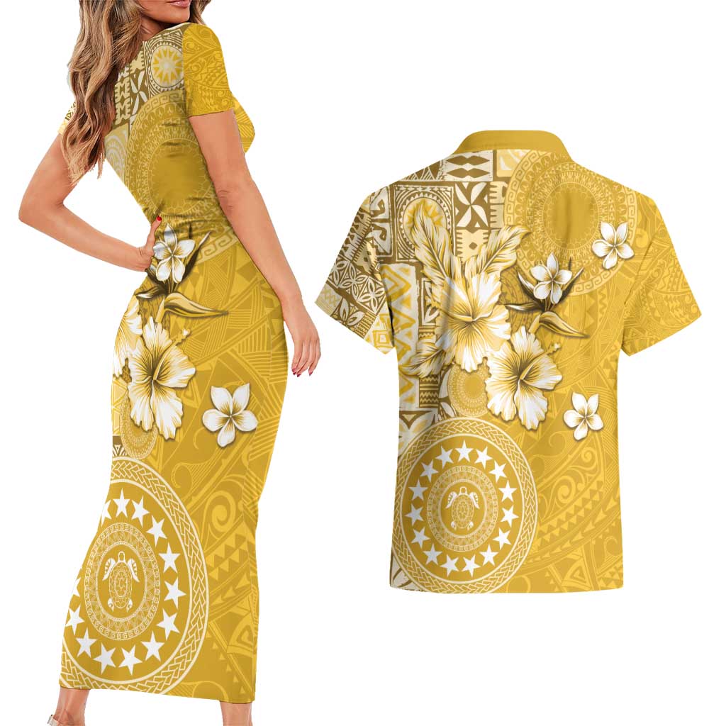 Cook Islands Couples Matching Short Sleeve Bodycon Dress and Hawaiian Shirt Yellow Hibiscus And Stars