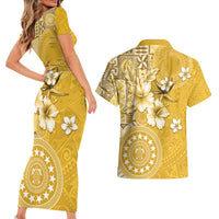 Cook Islands Couples Matching Short Sleeve Bodycon Dress and Hawaiian Shirt Yellow Hibiscus And Stars