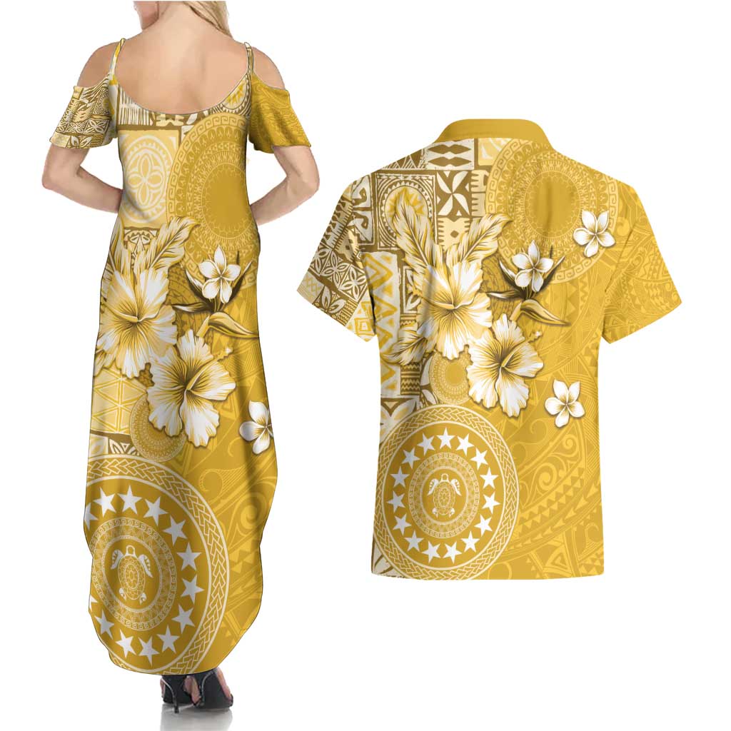 Cook Islands Couples Matching Summer Maxi Dress and Hawaiian Shirt Yellow Hibiscus And Stars