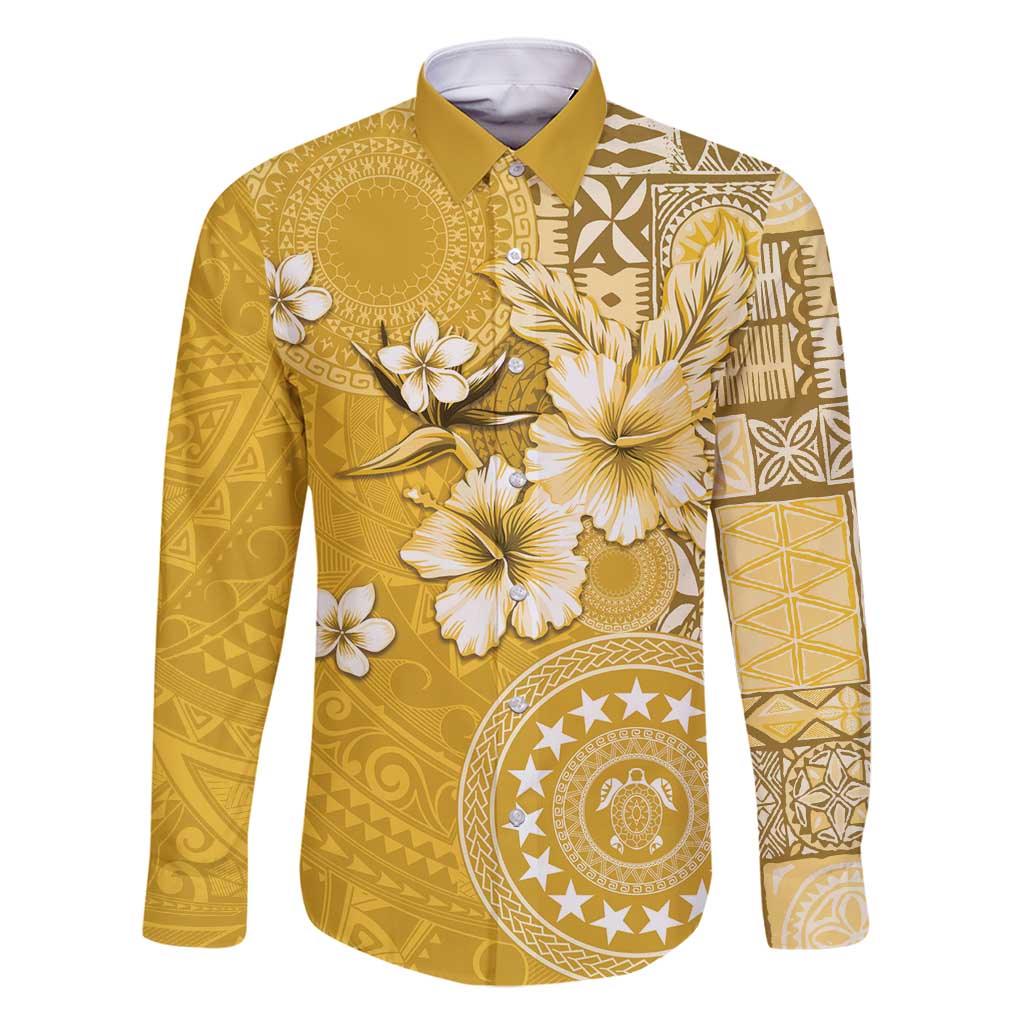Cook Islands Family Matching Long Sleeve Bodycon Dress and Hawaiian Shirt Yellow Hibiscus And Stars