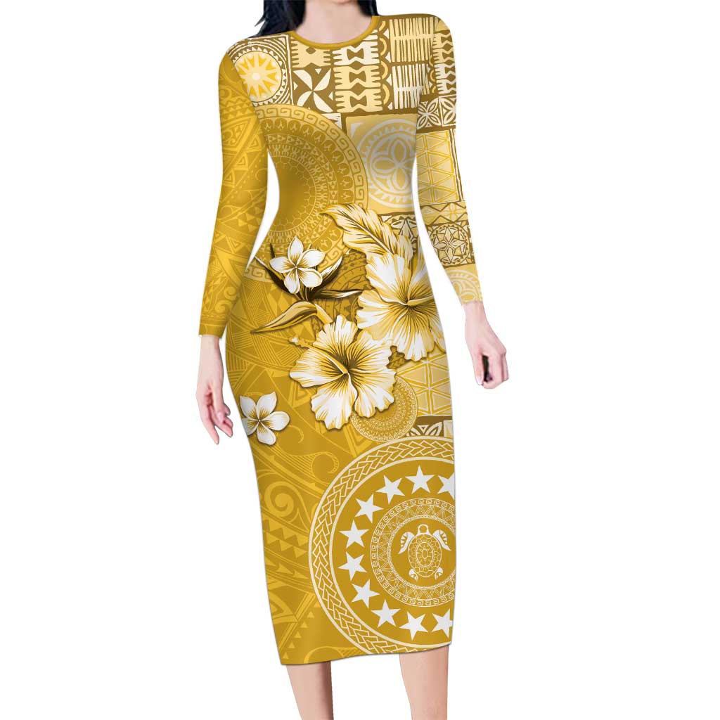Cook Islands Family Matching Long Sleeve Bodycon Dress and Hawaiian Shirt Yellow Hibiscus And Stars