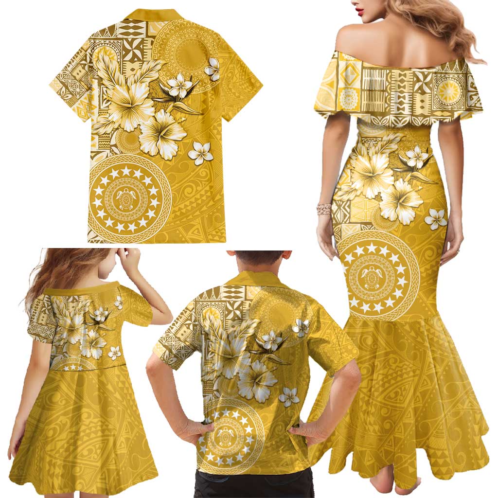 Cook Islands Family Matching Mermaid Dress and Hawaiian Shirt Yellow Hibiscus And Stars