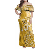 Cook Islands Family Matching Off Shoulder Maxi Dress and Hawaiian Shirt Yellow Hibiscus And Stars