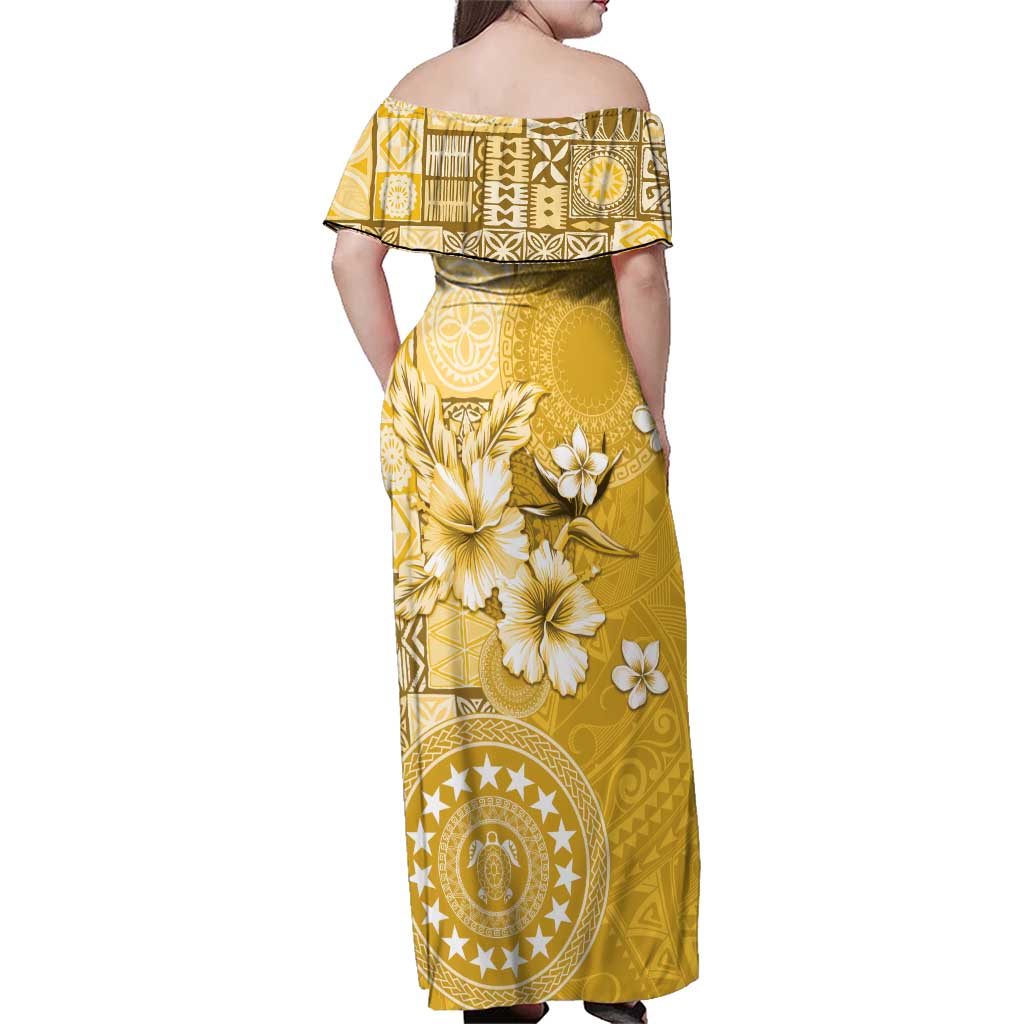 Cook Islands Family Matching Off Shoulder Maxi Dress and Hawaiian Shirt Yellow Hibiscus And Stars