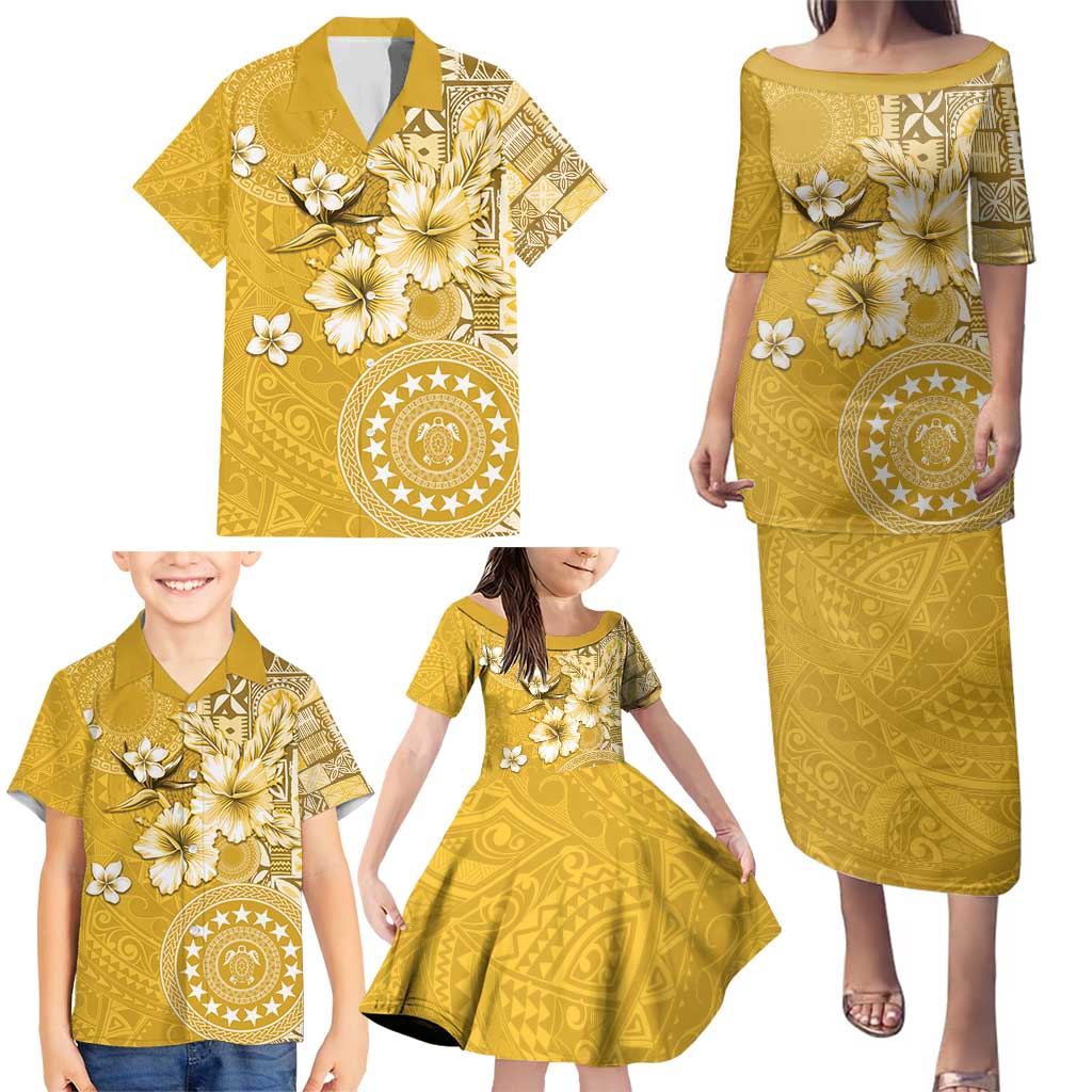Cook Islands Family Matching Puletasi and Hawaiian Shirt Yellow Hibiscus And Stars