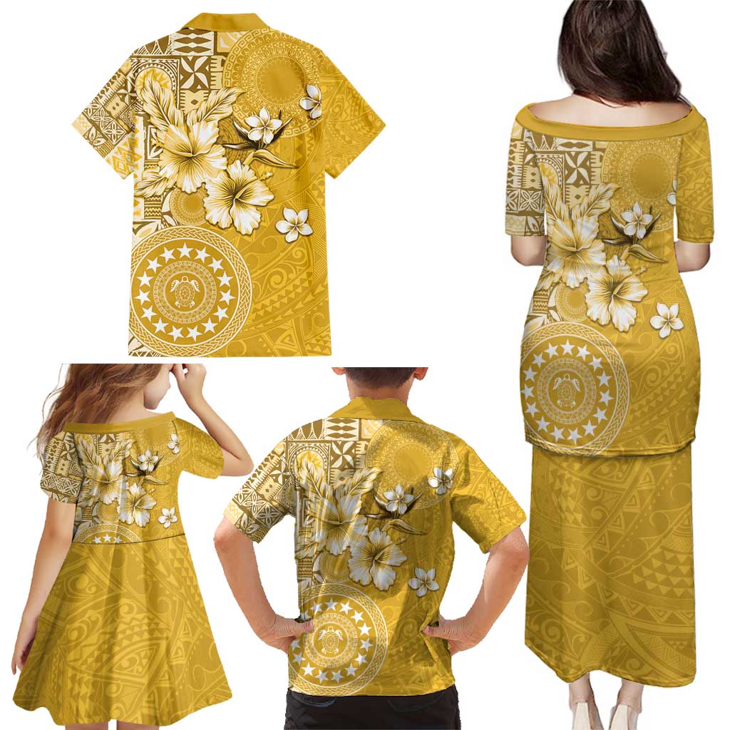 Cook Islands Family Matching Puletasi and Hawaiian Shirt Yellow Hibiscus And Stars