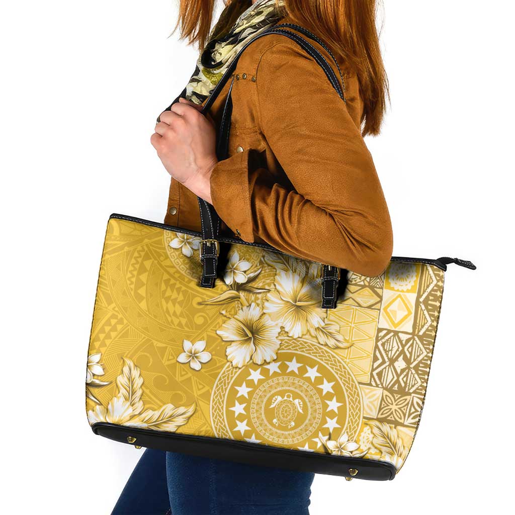 Cook Islands Leather Tote Bag Yellow Hibiscus And Stars