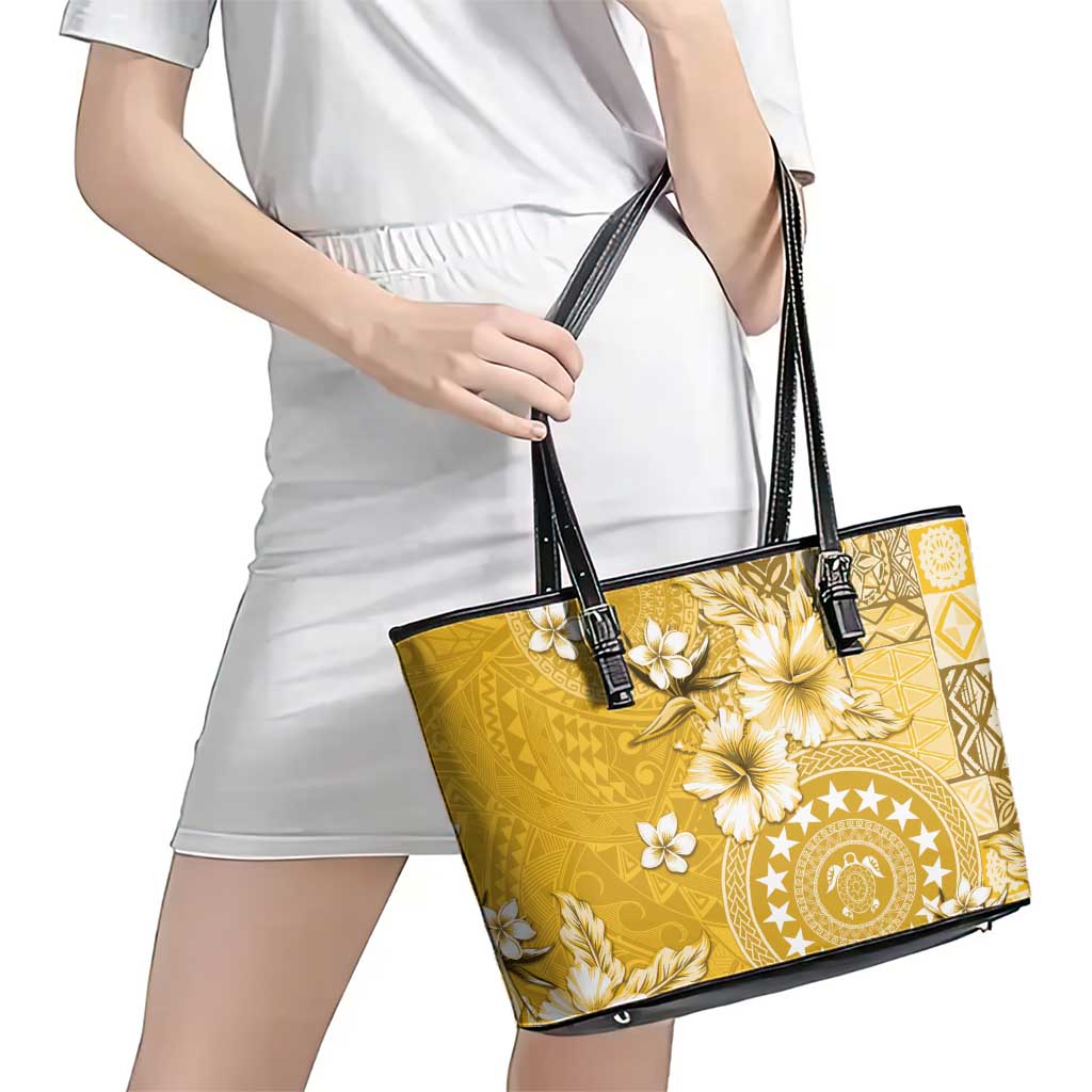 Cook Islands Leather Tote Bag Yellow Hibiscus And Stars