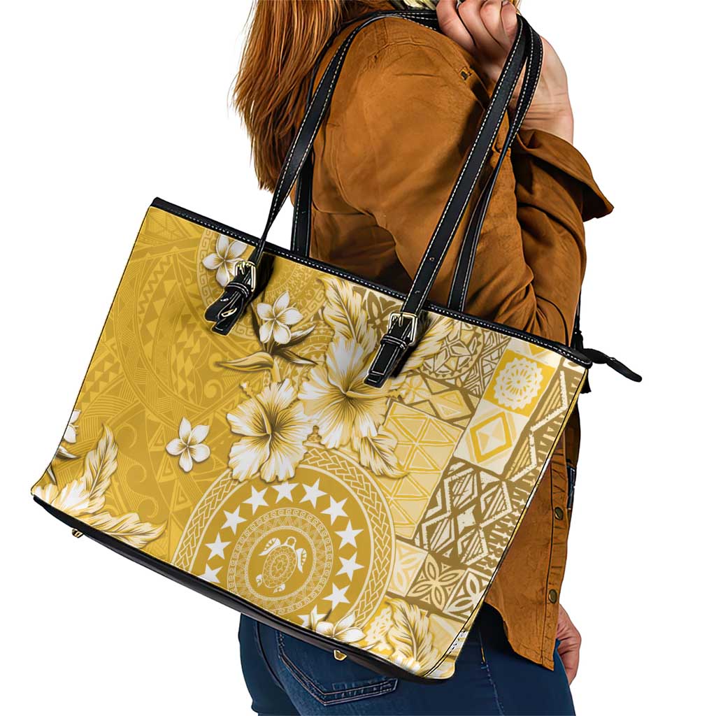 Cook Islands Leather Tote Bag Yellow Hibiscus And Stars