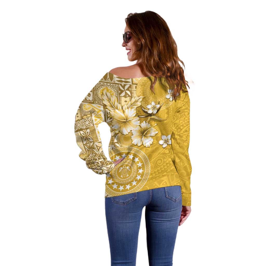 Cook Islands Off Shoulder Sweater Yellow Hibiscus And Stars